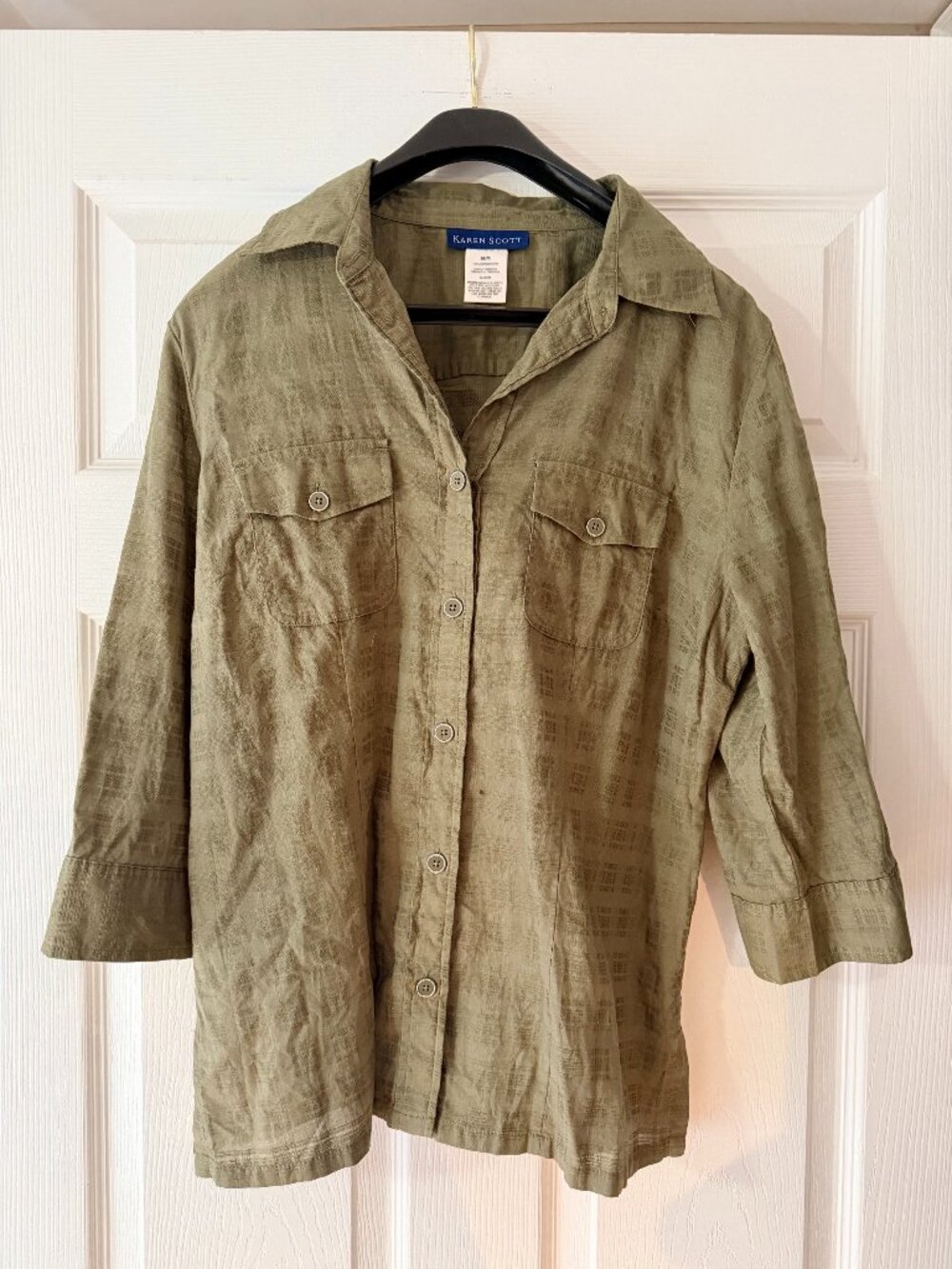 Olive Green Karen Scott Button-Up Blouse – Size M